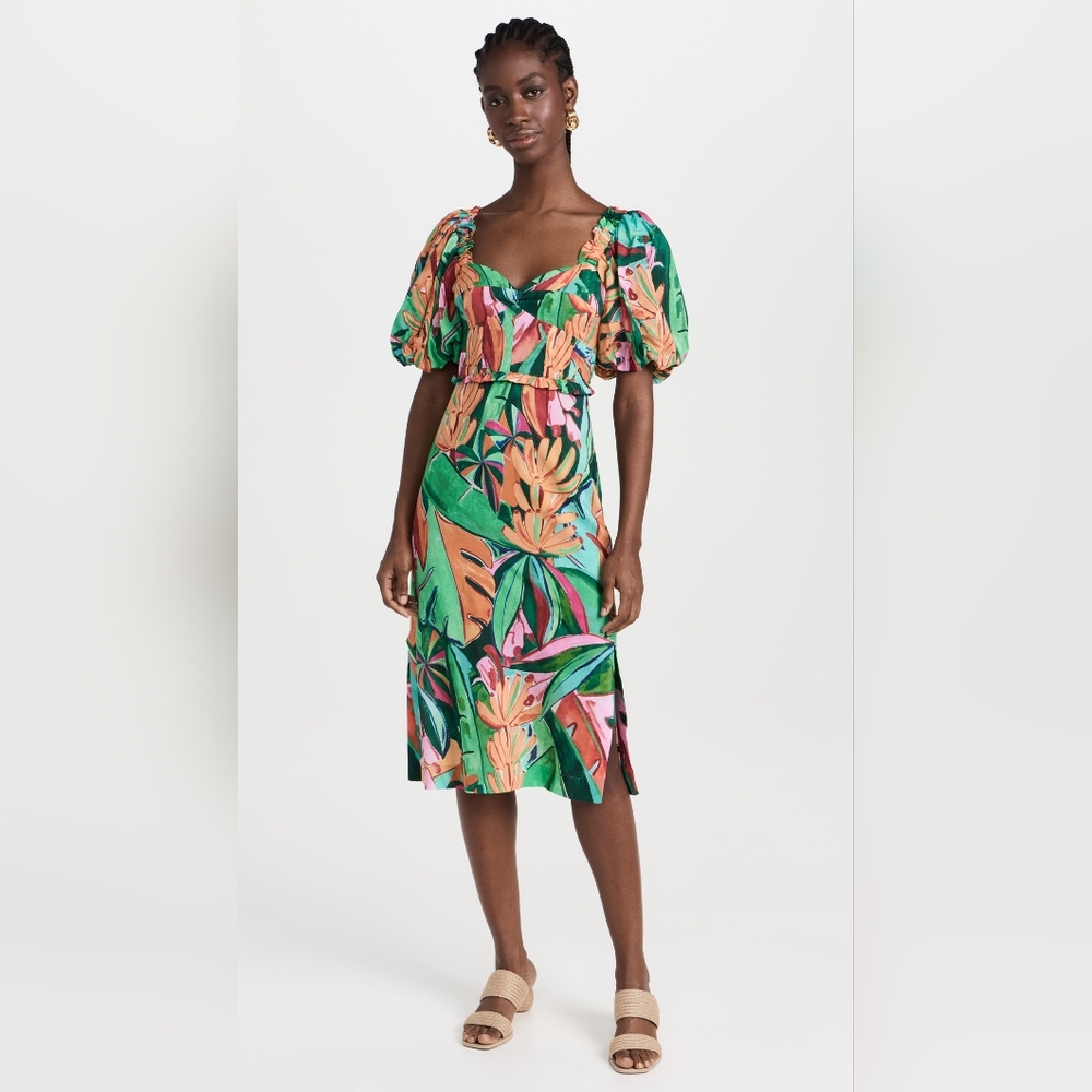 *NWT* FARM Rio Banana Foilage Multi Colored Puff Sleeve Midi Dress Size XXS